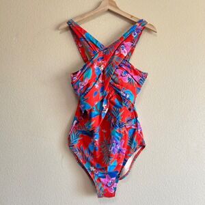 Swimsuits For All Size 12 Red Tropical Crossover Halter One Piece Swimsuit